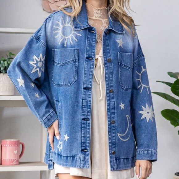 Veveret Medium Wash Sun Star Moon Embroidered Denim Jean Jacket - Picture 1 of 8